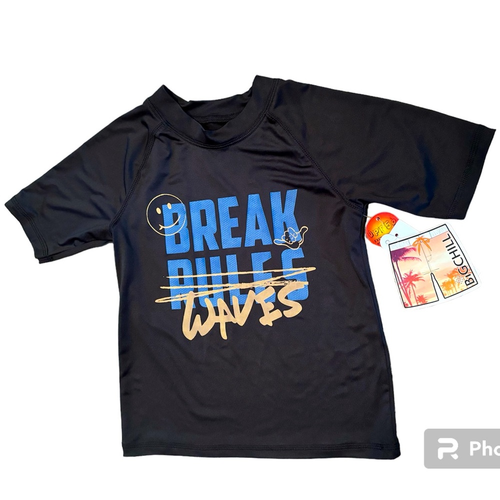 Rashguard swim top. Boys sz 8. NWT. Black with blue and tan words